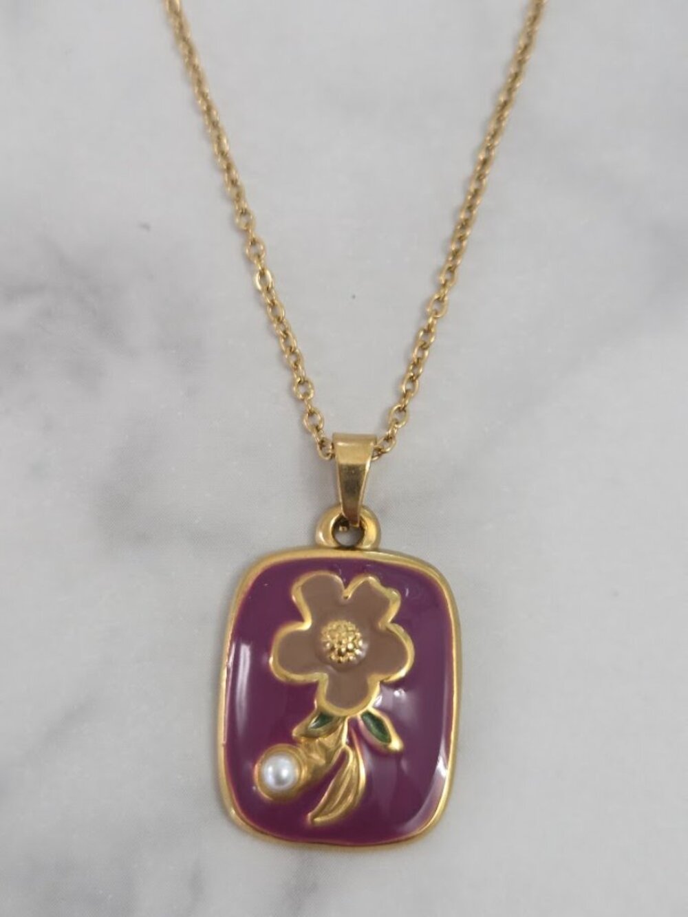 Gold Purple Enamel Flower Pendant Necklace Dainty Pearl Accent Jewelry - Picture 5 of 13